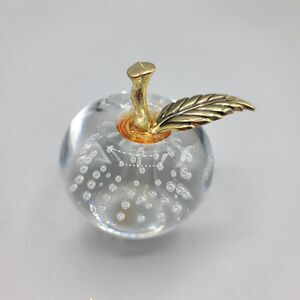 Bullicante Clear Glass Apple Paperweight Brass Stem Leaf #1